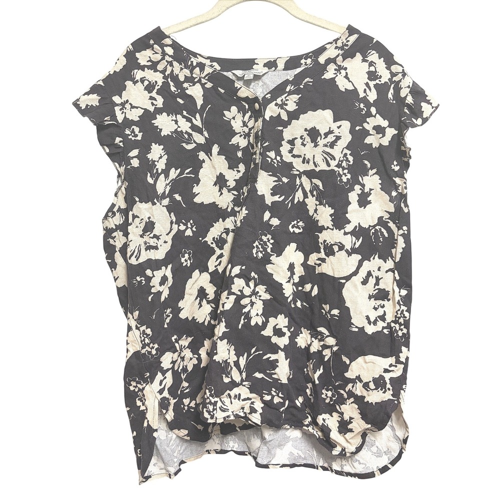 Hester & Orchard Blouse Black Floral Linen Blend Ruffle Cap‎ Sleeve XL